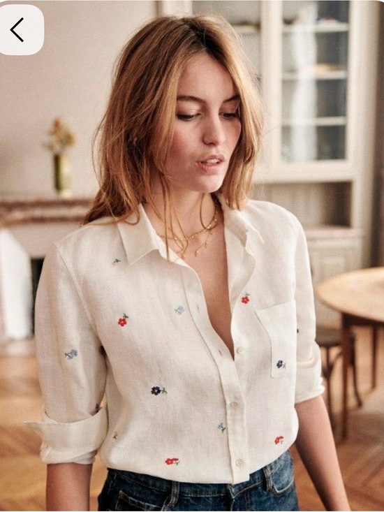 Sezane Tops - Sezane Tomboy Linen Button-Up Shirt with Floral Embroidery